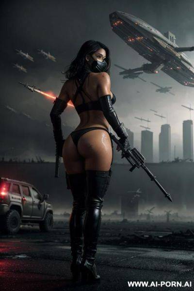 Foggy night in the apocalyptic city , ruined buildings , ((((landscape starships air battle )))), horizont looking , from behind view sexy walking , oil body , black thong , tight t-shirt - ai-porn.ai on pornsimulated.com