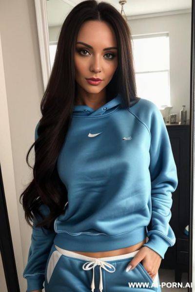 Woman long hair blue sweatshirt blue sweatpants selfie photo in the mirror - ai-porn.ai on pornsimulated.com