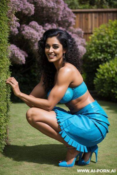 Indian, fit, abs, muscular arms, big ass, tall, long legs, navel piercing, blue frills bra, blue pleat skirt, looking at camera, full body, stiletto, in garden, squatting, side view - ai-porn.ai - India on pornsimulated.com