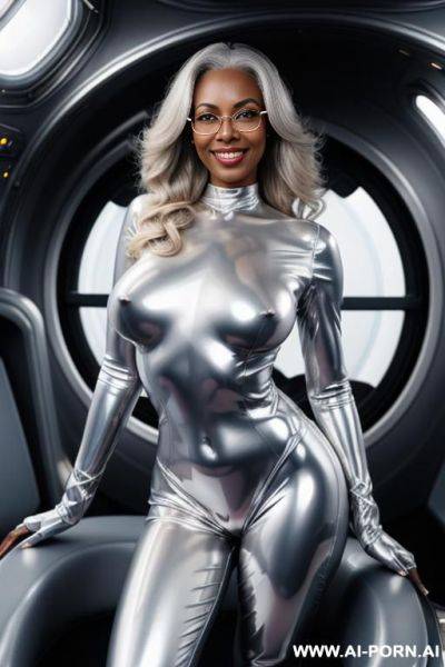 Shaved pussy , fully naked curvy tall oiled silver space lady, fully shaved silver metallic nude body , no clothes, full body view , oiled body, shiny silver oil , silver dust all over - ai-porn.ai on pornsimulated.com