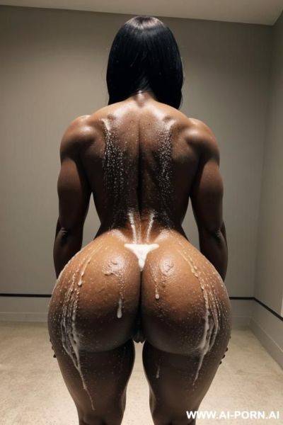 A black totally naked fit woman stand and bend over.she have a big round ass.she gapes her ass with her hands.she gaps her ass with her hands.her ass is drenched of a load of white cum. - ai-porn.ai on pornsimulated.com