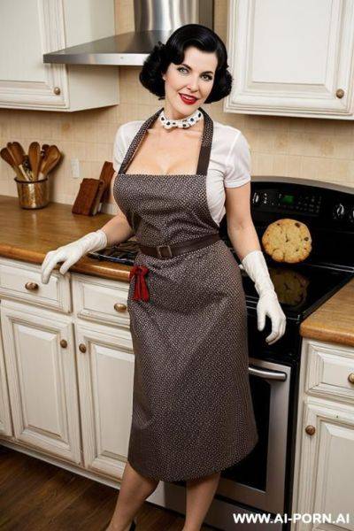 Milf housewife serves baked cookies in kitchen, wearing vintage apron and gloves, totally naked - ai-porn.ai on pornsimulated.com