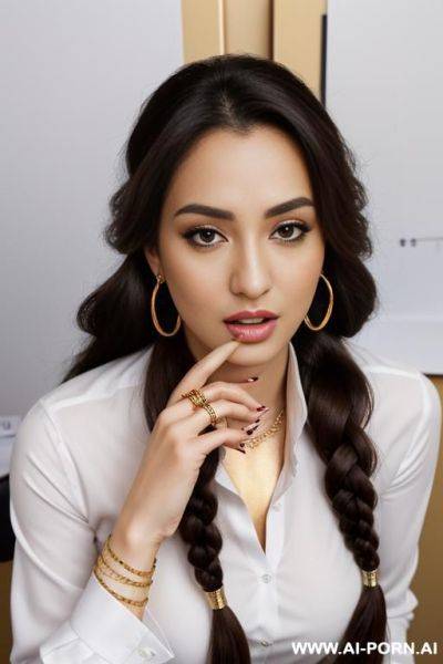 Arabic woman, in an office, (gold necklace bracelets and rings, hoop earrings), ((white office shirt)), shocked, brown braided hair, camera from above, - ai-porn.ai on pornsimulated.com