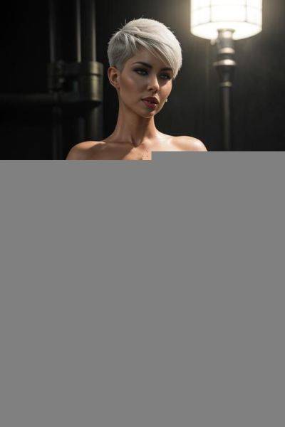 Tall busty , read head short pixie hair with shaved sides, gorgeous face, thick lips, massive boobs, , seductive, full body picture, standing up, - ai-porn.ai on pornsimulated.com