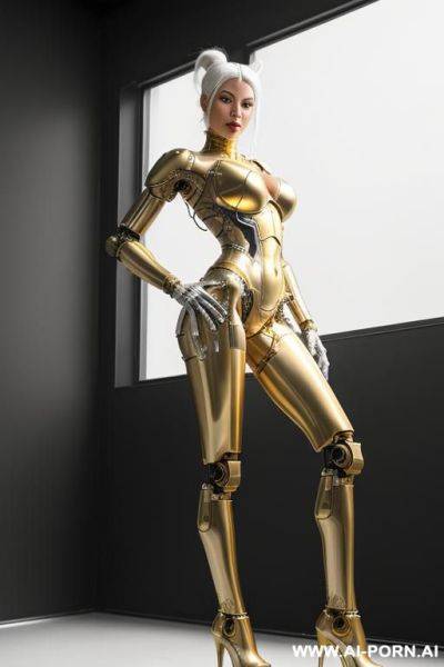 Beautiful real female taur cyborg robot with skin in metal-latex white and gold color, with four meccanic leg and metallic ,enormus boobs ,natural uman face, image hd quality - ai-porn.ai on pornsimulated.com