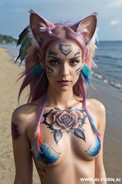 Face, sexy, beautiful, ((face painting)), ((bikini as seashell)), ((tattoo roses)), ((eyes shw)), ((angel wings)), ((rainbow hair)), ((long bu hair)), ((wind)), (( cat face)), (( cat ears)), (((feather - ai-porn.ai on pornsimulated.com