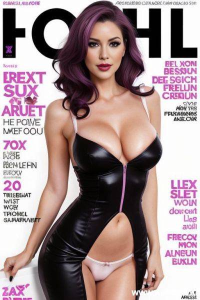 Magazine cover, grab boobs , full body view ,sexy pose, ,european , fit figure , smirk ,purple hair ,black pencil dress - ai-porn.ai on pornsimulated.com