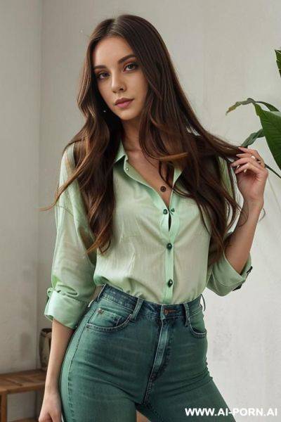 Woman long hair jeans blouse green, open shirt, keep face, - ai-porn.ai on pornsimulated.com