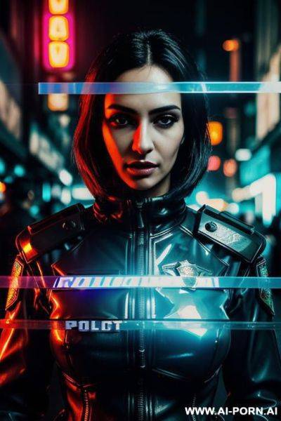 (close up) (cyberpunk police officer woman) (wearing riot gear) (transparent riot shield) (unzipped uniform) (nice cleavage) (dark cyberpunk city street) (neon lights) - ai-porn.ai on pornsimulated.com