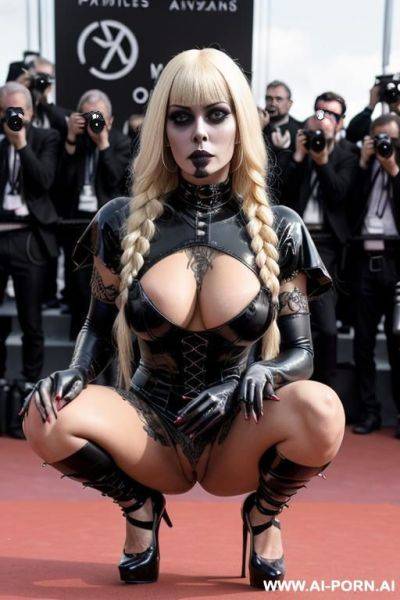 Long braided blonde hair, purple transparant latex leotard, milf, tanned skin - ai-porn.ai on pornsimulated.com