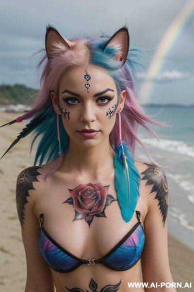 Face, sexy, beautiful, ((face painting)), ((bikini as seashell)), ((tattoo roses)), ((eyes shw)), ((angel wings)), ((rainbow hair)), ((long bu hair)), ((wind)), (( cat face)), (( cat ears)), (((feather - ai-porn.ai on pornsimulated.com