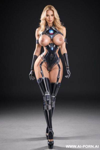Robotic police officer, front view, full body view, standing, hands behind head, looking at viewer, seductive face, long straight blonde hair, (fully robotic body, huge robotic tits), fit body, - ai-porn.ai on pornsimulated.com