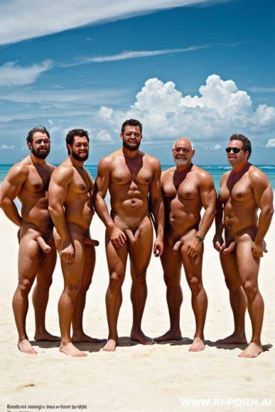 Magazine cover: naked sexy women at the beach in front of men with very big penises, ancient neolithic strong and healthy man with erection. - ai-porn.ai on pornsimulated.com