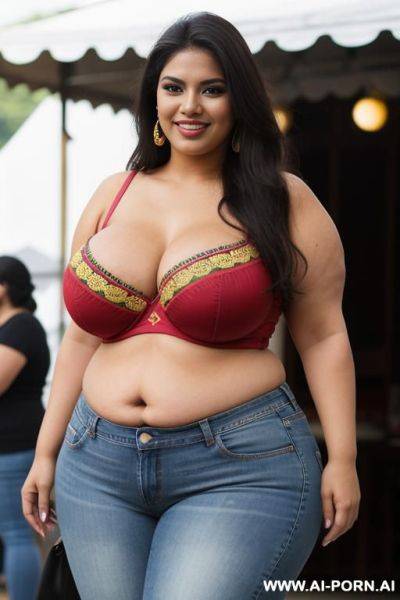 Mexican, supermodel, very rotund, huge body, hourglass figure, big nose, ethnic, ultra wide hips, extremely thicc, big thighs, eyeliner, high rise jeans, tight shirt - ai-porn.ai - Mexico on pornsimulated.com