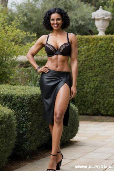 Indian, short hair, fit, abs, muscular arms, big ass, tall, long legs, navel piercing, black bra, black pleat skirt, looking at camera, full body, stiletto, in garden - ai-porn.ai - India on pornsimulated.com