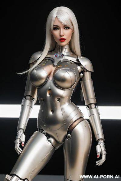 Beautiful sensual real female doll cyborg robot with skin in metal-latex white color, with four meccanic leg and metallic ,enormus boobs ,natural uman face, image hd quality - ai-porn.ai on pornsimulated.com