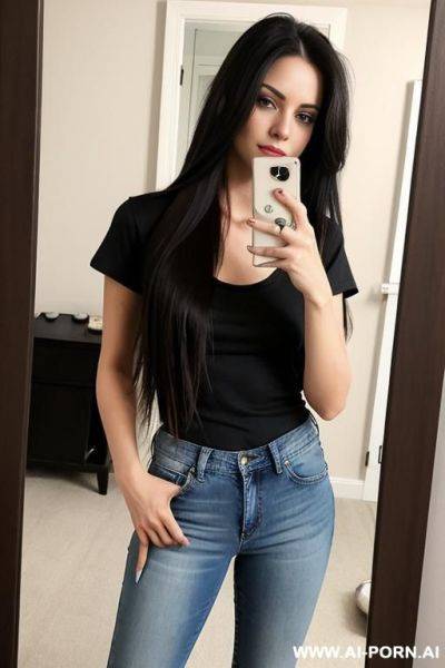 Woman long hair jeans tshirt selfie photo in the mirror - ai-porn.ai on pornsimulated.com