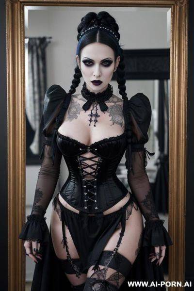 Voluminous hair, finnish lingerie model, tall, fit, purple lace, sexy, (naked boobs), chocker, stripper heels, piercing - ai-porn.ai - Finland on pornsimulated.com