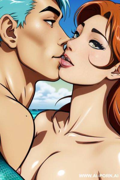 (close up) (tanned cartoon mermaid) (cartoon) (anime style) (kissing male diver) - ai-porn.ai on pornsimulated.com