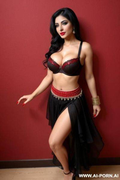 Sexy persian woman, black hair, brown skin, red nails, sexy traditional dance skirt, full body view, sexy black bra - ai-porn.ai - Iran on pornsimulated.com