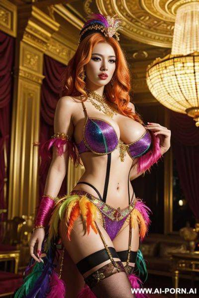 Blonde, rainbow feather studed bright diamond transparent corset，feather tutu skirt， mesh robe， rainbow sequin bra ,necklace，rainbow large pointed thigh-high boots, tied, angry - ai-porn.ai on pornsimulated.com