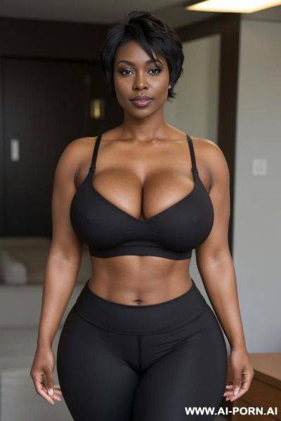 Sexy bimbo milf, aged milf, matured milf, thot, really dark black skin, deep dark black skin color, ultra thicc, bulked up thighs, extremely gigantic boobs, perfect eyes, topless, topless, topless - ai-porn.ai on pornsimulated.com