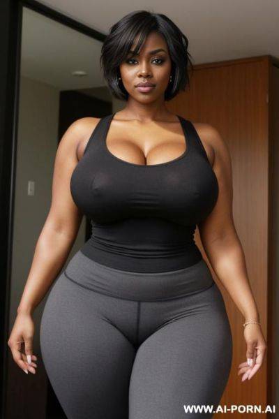 Sexy bimbo milf, aged milf, matured milf, thot, really dark black skin, deep dark black skin color, ultra thicc, bulked up thighs, tight shirt, extremely gigantic boobs, perfect eyes - ai-porn.ai on pornsimulated.com