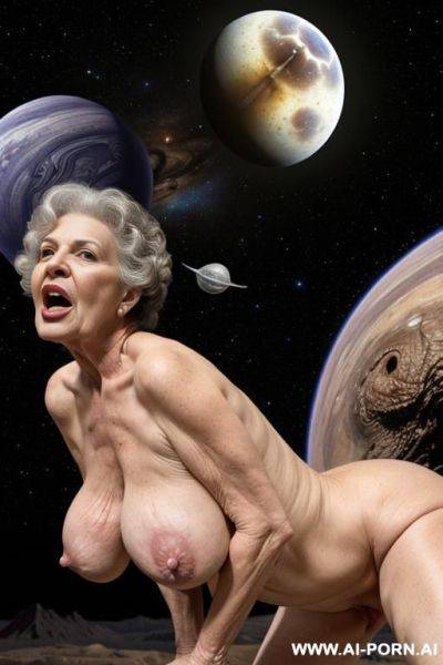 Late night (no moon, no stars), huge male space monster (surprisingly impressive) ((looks terrible)), space monster have huge strange penis (fantastic organ), granny have wide hips and big round - ai-porn.ai on pornsimulated.com