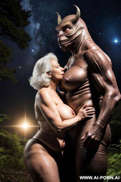 A huge male space monster (surprisingly impressive) ((looks terrible)), granny and monster facing each other (super realistic granny), space monster and granny hugging and kisses, granny have wide hips and big round ass, full bodies vision - ai-porn.ai on pornsimulated.com