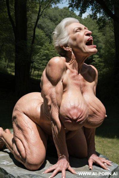 Night, grandma and monster from space on the image, huge male monster (realistic monster from the space) (muscular body monster) (surprisingly impressive) ((looks terrible)), monster have huge penis, - ai-porn.ai on pornsimulated.com