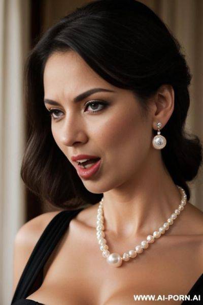 A cool and noble woman, wearing a pearl necklace and earrings, rolling her eyes and sticking out her tongue. - ai-porn.ai on pornsimulated.com
