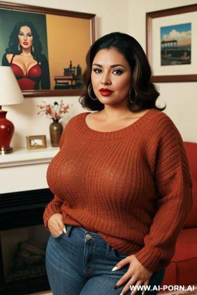 160s, 166. brown hair milf. brown eyes. latina-american. 36 years old. chubby. huge natural 36j boobs. sweater. cutie babe face. red nails. full shot. living room. vintage, 60s style. hot woman. red lips. thick arms. - ai-porn.ai - Usa on pornsimulated.com