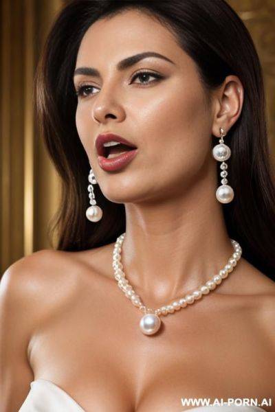 A cool and noble woman, wearing a pearl necklace and earrings, rolling her eyes and sticking out her tongue.be hypnotized，stroking his chest. - ai-porn.ai on pornsimulated.com
