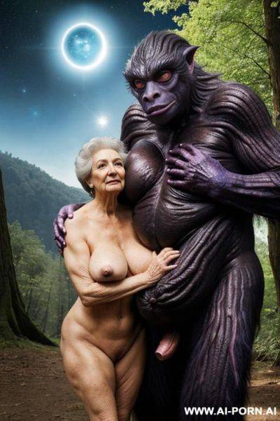 Two characters in the picture: a grandmother and a space monster. huge space monster (male monster) (very impressive) ((looks terrible)) ((large monster with huge dick)) ((fantastic looking cock)); - ai-porn.ai on pornsimulated.com