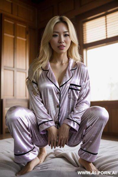 Blonde asian woman naked on back on bed spreading legs open wet pussy large breasts - ai-porn.ai on pornsimulated.com