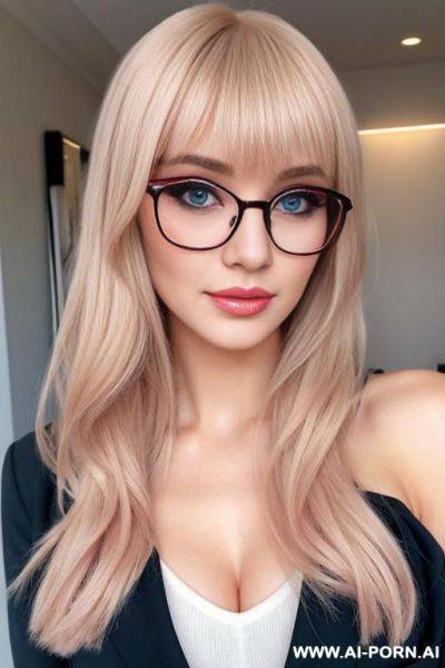 Blonde hai blue eyes glasses long hair, bangs, blush makeup, false lashes, blushed nose - ai-porn.ai on pornsimulated.com