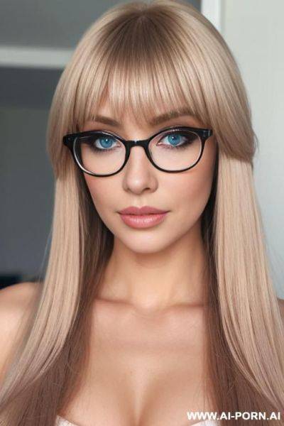 Blonde hai blue eyes glasses long hair, bangs, blush makeup, false lashes - ai-porn.ai on pornsimulated.com