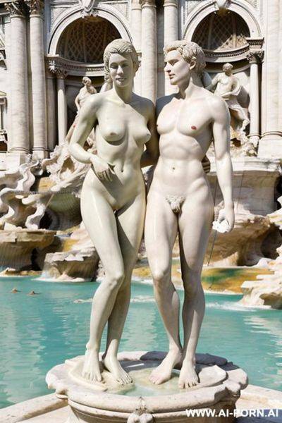 Sculpture of a naked male and female. wull body wiew. trevi fountain in the background. - ai-porn.ai on pornsimulated.com