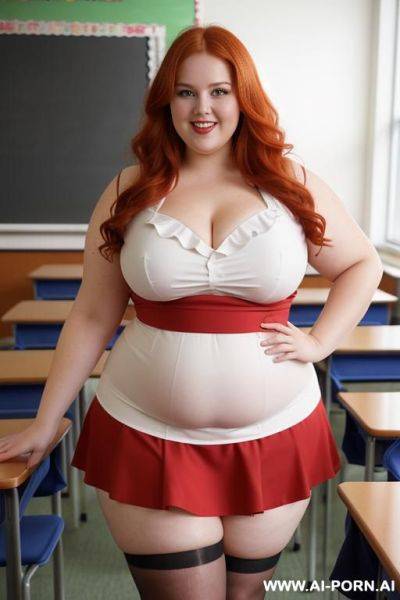 Close up full body photo shot, about at classroom, chubby very obese redhead fat bbw curvy teacher, wearing a sexy and hot micro red ruffle skirt and elegant top, teaching to the classroom. - ai-porn.ai on pornsimulated.com