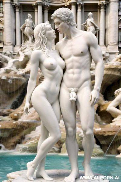 White color sculpture of a naked couple. realistic, very beautiful face. full body wiew. trevi fountain in the background. - ai-porn.ai on pornsimulated.com