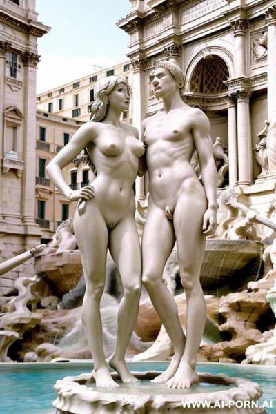 Sculpture of a naked man and woman. wull body wiew. trevi fountain in the background. - ai-porn.ai on pornsimulated.com