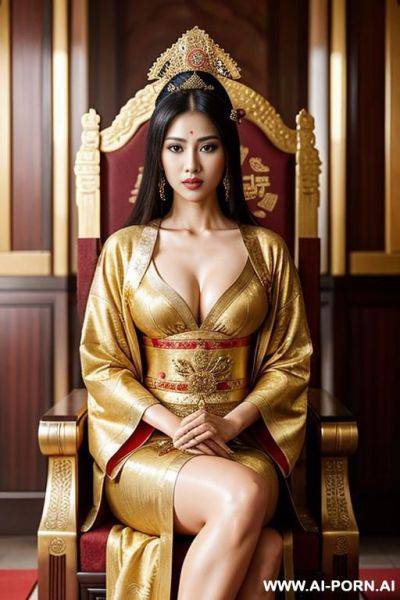 Empress of china, full empress robe, sitting on golden throne in big palace, her iq is ultra-high, very smart, amused, - ai-porn.ai on pornsimulated.com