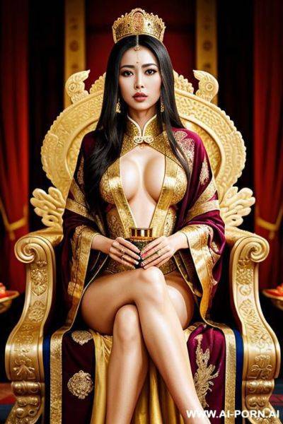 Empress of china, full empress robe, sitting on golden throne in big palace, her iq is ultra-high, very smart, amused, holding royal sceptre in her hand - ai-porn.ai on pornsimulated.com