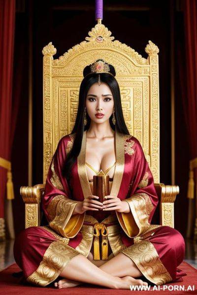 Empress of china, full empress robe, sitting on golden throne in big palace, her iq is ultra-high, very smart, amused, holding royal stick in her hand - ai-porn.ai on pornsimulated.com