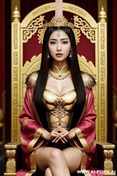 Empress of china, full empress robe, sitting on golden throne in big palace, her iq is ultra-high, very smart, amused, holding sceptre in her hand - ai-porn.ai on pornsimulated.com