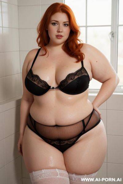 Half-length photo, as a setting in the laundry area, a fat (obese) chubby fat thick and bbw redhead british, she is washing clothes and is soaked in foamy water. she has lovehandless and a - ai-porn.ai - Britain on pornsimulated.com