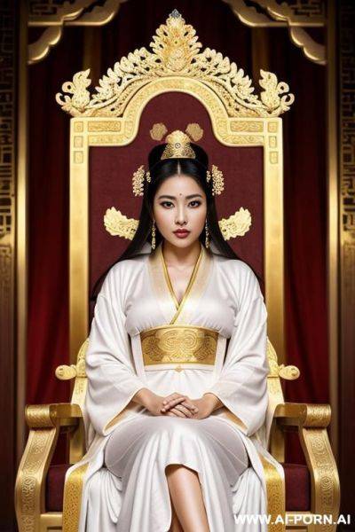 Empress of china, full empress robe, sitting on golden throne in big palace, her iq is ultra-high, very smart, amused, big ancient wall is behind her - ai-porn.ai on pornsimulated.com