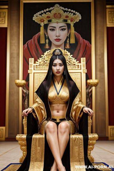Empress of china, full empress robe, sitting on golden throne in big palace, her iq is ultra-high, very smart, amused, big ancient painting is behind her - ai-porn.ai on pornsimulated.com