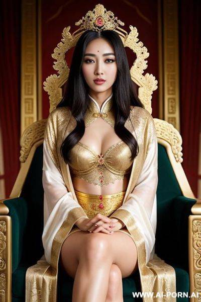 Empress of china, open full empress robe, sitting on golden throne in big palace, her iq is ultra-high, very smart, amused, - ai-porn.ai on pornsimulated.com