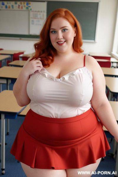 Close up full body photo shot, about at classroom, chubby very obese redhead fat bbw curvy teacher, wearing a sexy and hot micro red ruffle skirt, and elegant top, teaching to the classroom. - ai-porn.ai on pornsimulated.com